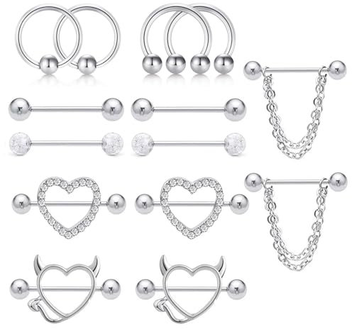 Generisch 7 Paar 14G Nippelpiercing für Damen, 316L Edelstahl Brustwarzenpiercing Silber CZ Herz Nipplerings Barbells Nipple Piercing Körper Piercing Schmuck für Damen Frauen