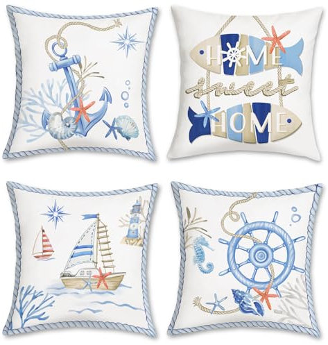 Bonhause Nautical Coastal Cushion Covers 45 x 45 cm Anchor Helm Boat Starfish Coral Maritime Decorative Throw Pillow Covers for Sofa Couch Bed Home Patio Summer Decor Set of 4