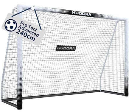 HUDORA Porta da calcio Pro Tect 240 Advanced – Porta da esterno con rete e rivestimento per bambini/adulti – Facile da montare in giardino – Porta con chiusure a strappo e cerniere – Bianco