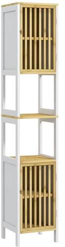 HOMCOM Tall Bathroom Storage Cabinet, Slim Bamboo Bathroom Cabinet with 2 Open Compartments, 2 Slatted Doors and Adjustable Shelves, White