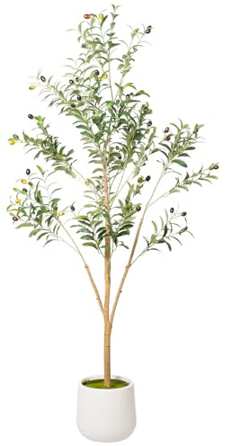 Künstlicher Olivenbaum mit weißem Topf – Kunst-Olivenbaum für Wohnzimmer-Deko, große Kunstpflanzen für Innenräume, realistischer Stamm, Blätter & Früchte, Büro-Dekoration (155CM)