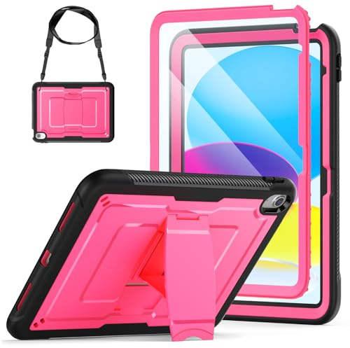 SEYMAC stock Case for iPad (A16) 11th/10th Generation 11''/10.9'' 2025/2022 | Full Body Protection/ Drop-proof, with Screen Protector, Foldable Stand & Shoulder Strap, for iPad A16 11 Inch, Rose