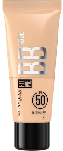 Maybelline New York - BB Crème Nude avec SPF50 - Unifie le Teint, Protège et Hydrate la Peau pendant 24H - Effet Naturel et Lumineux - Sans Fini Gras - Fit Me - Teinte : Nude 20