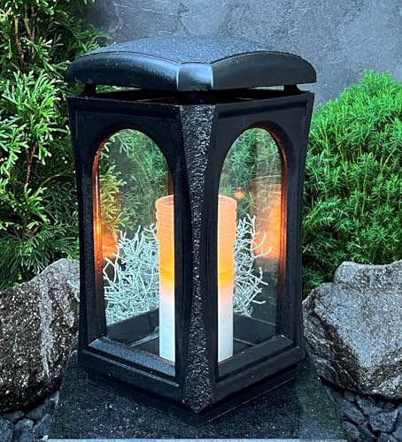 Grablampe Grablaterne Grablicht Premium Massiv Guss Schwarz Titan Grabkerze Kerze Grabschmuck Grablampe Grableuchte Lampe Laterne Grabdeko Garten