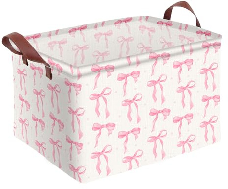 Pink Bow Storage Basket Waterproof Canvas Toy Storage Bin Coquette Room Decor Collapsible Outdoor Basket with Leather Handles Pink Bow Room Decor Blanket Baskets For Closets,Bedrooms,Gifts Baskets