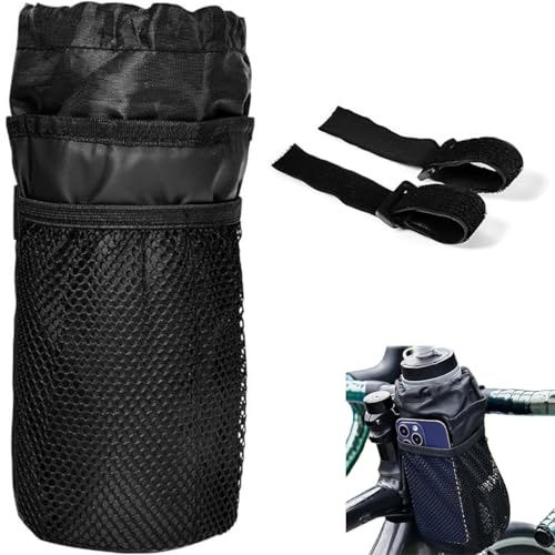 Garegce 1PCS Bike Cup Holder with Mesh Pockets Phone Bag, Insulated Water Bottle Holder, Waterproof Drink Bag with Drawstring for Handlebar Mountain Bike, Road Bicycle Wheelchair, Scooter