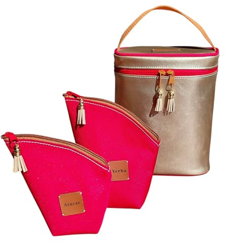 kit matero, Bolso capacidad termo de 1/2 litro (no incluido), Set Matero: Bolso Yerbera Azucarera, Cuero Sintético Dorado y Rojo, Cremallera, Forro Interior Lavable, 3 Piezas, para viajes, regalo