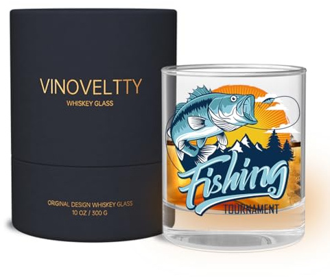 Vinoveltty Fishing Whiskey Glass, Bass Fishing Gifts for Men Dad Women, Fathers Day Christmas Birthday Gifts for Fisherman Dad Husband Grandpa, 10oz with Gift Box