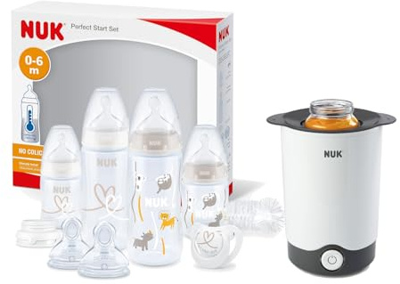 NUK Thermo Express Plus Flaschenwärmer | EU-Stecker & 12-V-Reiseadapter + First Choice+ 3er Set – Blau/Weiß, BPA-frei + NUK First Choice+ Perfect Start Set – Flaschen & Sauger Komplett