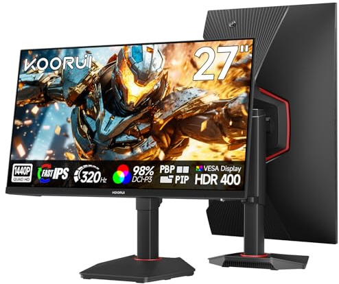 KOORUI 27 Inch Gaming Monitor, 320Hz, QHD 1440P,Fast IPS, 1ms, Adaptive Sync, Lifting Adjustable, VESA Mountable, DP/HDMI, 99% SRGB G2721E