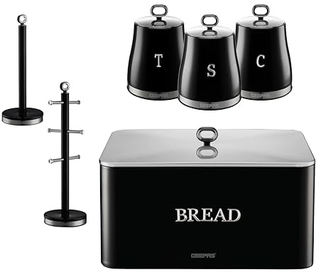 GEEPAS Retrovive Tea Coffee Sugar Canister, Bread Bin, Mug Tree & Towel Pole Set | 13L Bread Box 1.4L Airtight Canister Set | Carbon Steel Build Kitchen Counter Storage Space Saver | Black