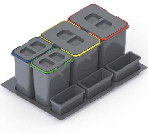 REJS Mülltrennsystem Küche für 80 cm Schrank 4-fach 72,5x49x40 cm (2x 20L + 2x 9L) mit Deckel Einbau Abfallsammler für Schubladen Küchenabfalleimer Abfalltrennung Abfallbehälter Set Silberfarben