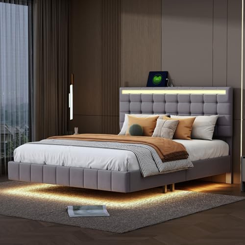 BRILVERDE Cama tapizada de 140 x 200 cm, cama colgante doble LED con USB, funcional con cabecero, estructura de cama con somier de láminas, lino (gris, 140 x 200 cm)