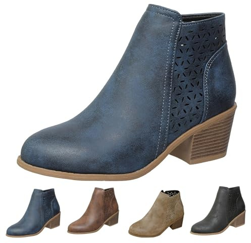 MJGkhiy Botas Texanas Mujer Bajas Chelsea Bota Cuero Marrones Cowboy Boots Con Tacón de Bloqueo Negro Camperos Botín Punta Invierno Western Botines con Cremallera