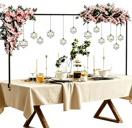 Over Table Rod Stand with Clamps, Black Metal Table Arch Stand for Hanging Banners Wreaths Flowers, Over Table Display Bar, Adjustable 42–123cm Height & 80-250cm Width,Wedding Birthday Party Decor