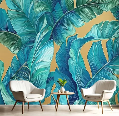 3D Carta Da Parati Panoramica Blu-Verde Foglie Di Banano 150X105Cm Seta Murali Panoramica Piante Tropicali Per Soggiorno,Adulto Camera Dei Bambini,Ristorante Decorazione
