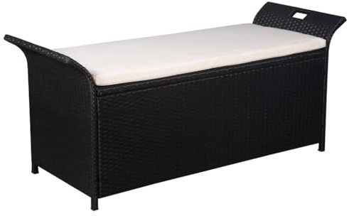 Zeehear Truhenbank mit Polster 138 cm, Poly Rattan Schwarz, wasserfest, Gartenbank für Außenbereich, Terrassenbank mit Stauraum, wetterfest