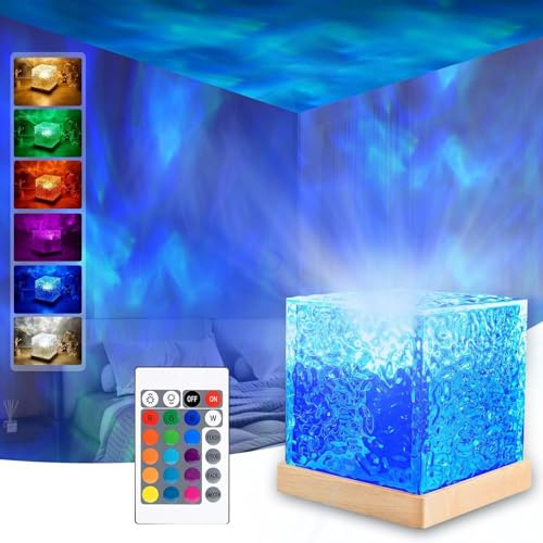 Ocean Wave Projector Lamp, Northern Lights Aurora Projector, 16-Color Rotating Crystal Flame Cube Lamp with Remote Control, Romantic Night Light for Bedroom, Living Room, Hotel & Home Decoration