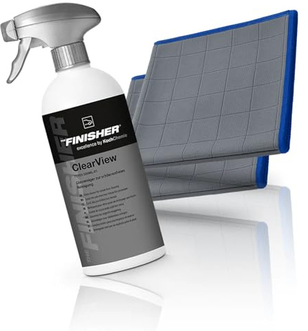 Glasreiniger Set aus Koch Chemie THE FINISHER ClearView + wortek Carbonfaser Glastuch 400GSM – Streifenfreie Autoscheiben Reinigung mit Glastuch – Kristallklare Sicht ohne Nachpolieren