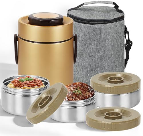 PQHIQ 67oz Adults Thermal Food Flasks for Hot Food, 2L Soup Containers, 3 Layer Stainless Steel Insulated Hot Food Flask, Thermal Lunch Box, Soup Flask, Food Warmer for Men, Women (Gold)