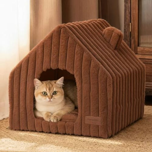 FUKUMARU Lits pour Chats, Maison pour Chat d'Intérieur en Fausse Fourrure de Lapin Douce, Niche Mignon et Lavable en Forme de Grotte avec Coussin Amovible 44,5 cm, Marron