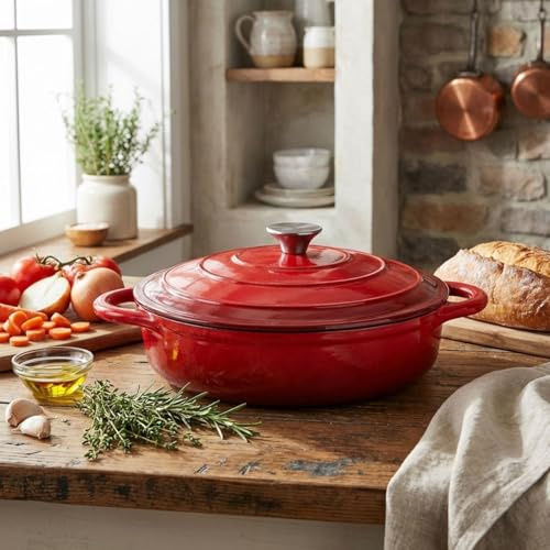 Casativo Gusseisen Topf mit Deckel 28cm Rund, Emaillierter Schmortopf 3,24L Rot, Bräter für alle Herdarten wie Induktion, Backofenfestes Kochgeschirr Profi