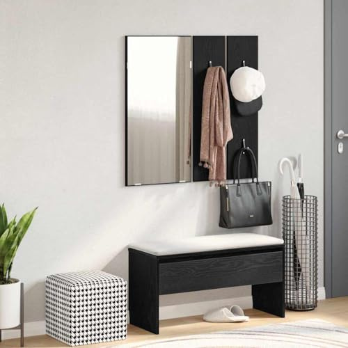 Runheo Hallmöbelset 4-delat svart ekutseende trämaterial med sittbänk, spegel, garderobspanel och låda för hall, hall, entré med gott om lagringsutrymme och praktiskt