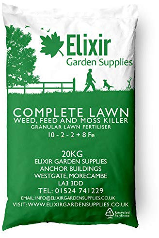 Elixir Gardens 20kg Bag Complete Lawn 4-in-1 Weed, Feed & Moss Killer (N.P.K: 10-2-2+8% Fe) Grass, Lawn & Turf Fertiliser/Feed with Added Iron Sulphate | Treats up to 625 Square Meters