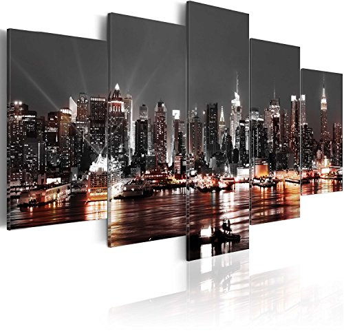 B&D XXL Acrylglasbild New York 200x100 cm 5 Teilig Wandbild auf Acryl Glasbilder Kunstdruck Moderne Acrylglas Platte Wanddekoration Geschenke Heimdekoration Glasbild Skyline Architektur Night