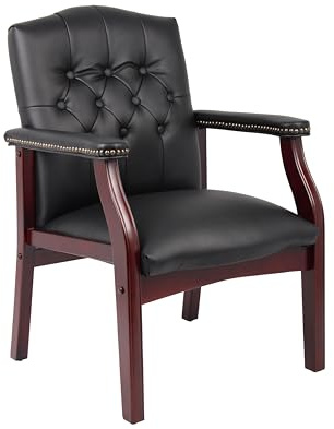 Boss Office Products Traditional Caressoft Vinyl Guest Chair with Mahogany Finish Wood Base, Black