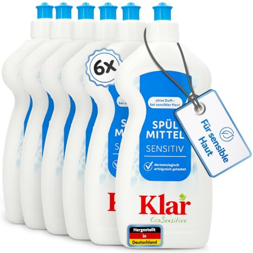 Klar EcoSensitive Spülmittel SENSITIV, 500ml - Ohne Duft & hypoallergen | Kraftvolles Geschirrspülmittel flüssig - Biologisch abbaubares Handspülmittel mit hoher Fettlösekraft - Vegan Dish Soap