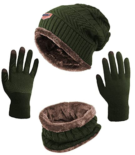 Winter Beanie Hat Scarf Gloves Slouchy Snow Knit Skull Cap Scarves Touch Screen Mittens for Women Army Green