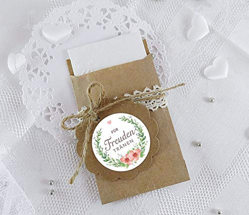 Freuden Tränen Taschentücher Set zur Hochzeit Groß 48 Sticker + 48 braune Flachbeutel - Kraftpapier - 63 x 93 mm für Freudentränen Taschentuch Verpackungen Aufkleber in GRÜN APRICOT mit Kranz
