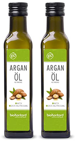 bioKontor – BIO Arganöl 500ml (2x250ml) – kaltgepresst & nativ | aus Marokko – 100% rein, Rohkostqualität – Bio Arganöl für Haut, Haare und als Lebensmittel – Feuchtigkeitspflege & Haarkur