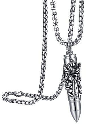 Flongo Herrenkette Männer Anhänger Kette, Edelstahl Halskette Silber Patrone Geschoß Gewehrkugel Medaillon zum öffnen Drachen Jesus Skorpion Muster Herren Accessoires