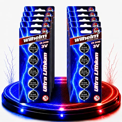 Wilhelm CR2430 Lithium Knopfzellen 3V 270 mAh, ø24 x 3 mm – 50 Stück