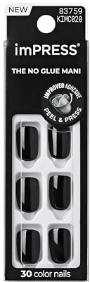 Kiss Impress No Glue Mani Press On Nails, Color, 'All Black', Black, Short Size, Squoval Shape, Includes 30 Nails, Prep Pad, Instructions Sheet, 1 Manicure Stick, 1 Mini File