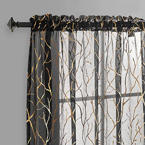 FINECITY Transparente Vorhänge in Schwarz und Gold – Metallische Goldfolie Baum Zweig Sheer 84 Zoll Länge Botanisches Thema mit Fenster Vorhang Panel Set von 2, 132 x 213 cm,