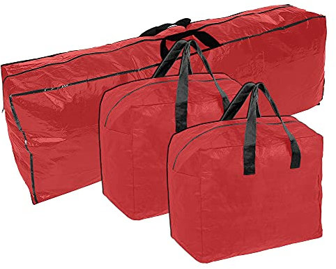 Ram® rote 3 Stück robuste große Weihnachtsbaumtasche mit 2 x Dekorationen Tasche mit Reißverschluss wasserdichte Weihnachtsbaum-Aufbewahrungstasche und Dekorationstasche