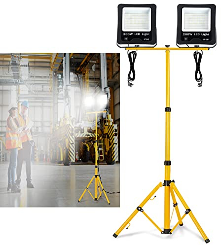 YRHome LED Fluter Baustrahler Flutlicht 2x 200W Kaltweiß Warmweiß Wasserdicht IP66 Arbeitsscheinwerfer Scheinwerfer mit Stativ und 3M Kabel Außenbereich Garten Garage