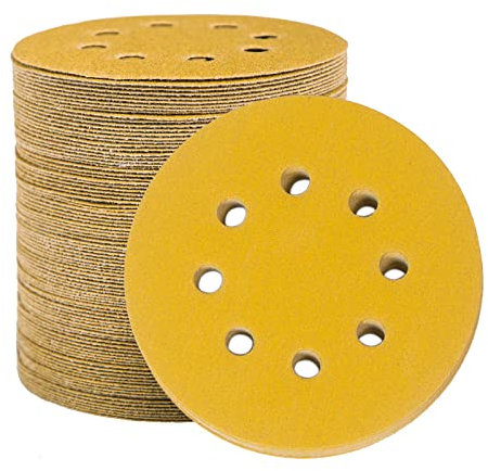 STEBRUAM 100 Stück Schleifpapier 125mm Klett 150 Körnung, Profi Gold Rund 8 Loch Schleifscheiben für Exzenterschleifer,Für Holz Metall und Farbe