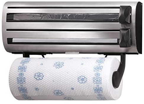 Küchenprofi Wandrollenhalter TRIO, 38 x 16 x 9 cm, für 3 Rollen bis max. 35cm, Küchenpapier, Alufolie und Frischhaltfolie, verstellbarer Küchenrollenhalter, scharfe Klingen, 3fach Schneidabroller