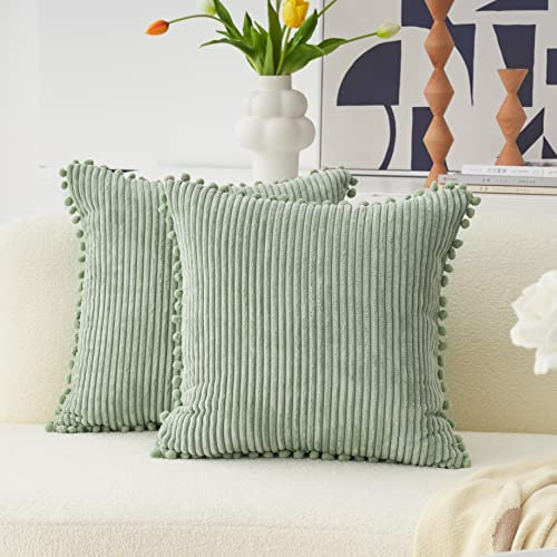 Home Brilliant Pom-poms Cushion Covers Set of 2 Soft Corduroy Cushions Decorative Boho Cushion Covers for Sofa Bed Couch, 45x45 cm, 18 inches, Sage Green