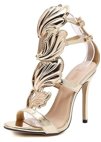 LEBE Tacones Altos nuevos Zapatos de Mujer alas de Metal Stiletto Sandalias de Mujer Tacones Altos de Talla Grande-Gold||36