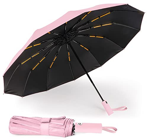 SOPPY Ombrello Pieghevole Antivento, Ombrello da Viaggio con 12 Stecche Rinforzate per Donna Uomo, Compatto, Leggero, Apertura e Chiusura Automatica, Resistente e Portatile - Rosa