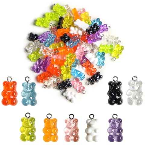 TAIYOU 60 Stück Gummibärchen Charms Kunststoff Harz Bär Anhänger 19 mm Kunstharz Bär Schlüsselanhänger für DIY Handwerk Schmuck Halskett Armband Zubehör 6 Farben