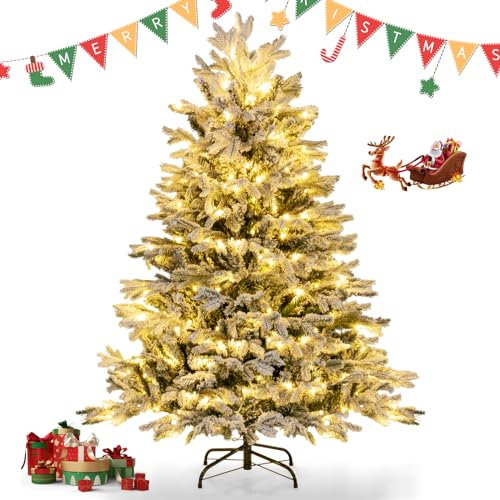 RELAX4LIFE 135 cm Künstlicher Weihnachtsbaum mit Schnee, mit 200 warmweißen LEDs, 688 Zweigspitzen, aus PE & PVC, Schnellaufbau Klappsystem
