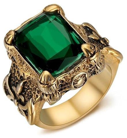 BOBIJOO Jewelry - Grosse Bague Chevalière Royaliste Templier Homme Acier Inoxydable Or Noir Émeraude Vert Fleur de Lys - 75 (15 US)