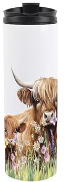 Purely Home Highland Cow Travel Mug - Cute Cow Mum and Calf Gift - Reusable Stainless Steel Vacuum-Sealed Double-Walled Hot/Cold Drinks Travel Flask 500ml (16 fl oz)