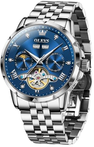 OLEVS Herren Automatikuhr Skelett Mechanisch Klassisch Luxus Business Diamant Edelstahl Wasserdicht Leuchtend Datum Kalender Armbanduhr für Herren